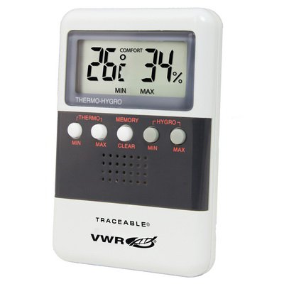 VWR - Digital Thermometer / Hygrometer Fahrenheit / Celsius 32° to 122°F (0° to 50°C) Solid State Sensor Flip-out Stand / Wall Mount Battery Operated - 35519-047