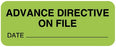 United Ad Label UAL Pre-Printed Label Instructional Label ADVANCE DIRECTIVE ON FILE / DATE _________ Fluorescent Green 7/8 X 2-1/4 Inch - ULMR298