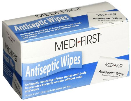 Medique Products Medi-First Sanitizing Skin Wipe Individual Packet BZK (Benzalkonium Chloride) Scented 20 Count - 21471