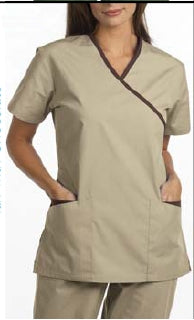 Fashion Seal Uniforms Scrub Shirt Medium Tan / Chocolate 2 Pockets Short Set-In Sleeves Female - 7007