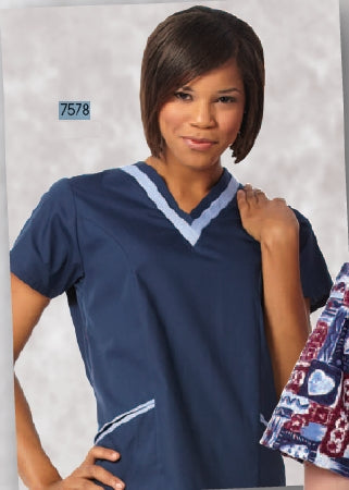 Fashion Seal Uniforms - Scrub Shirt Small Ceil Blue / Navy 2 Pockets Short Set-In Sleeve Female - 7578-S