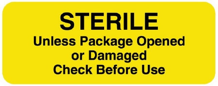 United Ad Label Pre-Printed Label Advisory Label STERILE Unless Package Opened or Damaged Check Before Use Yellow 7/8 X 2-1/4 Inch - ULCS901