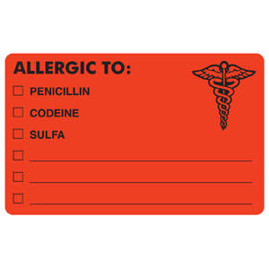 Tabbies Allergy Labels, "Allergic To: Penicillin/Codeine/Sulfa" Fluorescent Red - 4"W x 2-1/2"H, 100 per Roll - MAP488