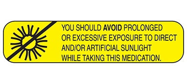Health Care Logistics Indeed Pre-Printed Label Auxiliary Label You Should Avoid Prolonged Or Excessive Exposure To Direct And/Or Artificial Sunlight While Taking This Medication Yellow 3/8 X 1-5/8 Inch - 2011
