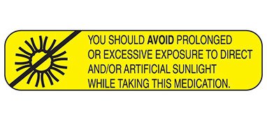 Indeed - Pre-Printed Label Auxiliary Label Yellow Paper You Should Avoid Prolonged Or Excessive Exposure To Direct And/Or Artificial Sunlight While Taking This Medication Black Safety and Instructional 3/8 X 1-5/8 Inch - 2011