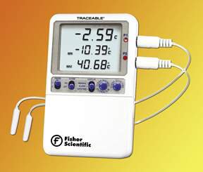Fisher Scientific Traceable Hi-Accuracy - Digital Refrigerator / Freezer Thermometer with Alarm Fahrenheit / Celsius -58° to +158°F (-50° to +70°C) 2 External Probes Desk / Wall Mount Battery Operated - S98175