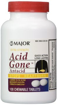 Major Pharmaceuticals Acid Gone Antacid 160 mg - 105 mg Strength Chewable Tablet 100 per Bottle - 904536560