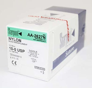Sharpoint - Suture with Needle Nonabsorbable Uncoated Black Suture Monofilament Nylon Size 10 - 0 12 Inch Suture Double-Armed 6.15 mm Length 3/8 Circle Ultraglide Needle - A9003N