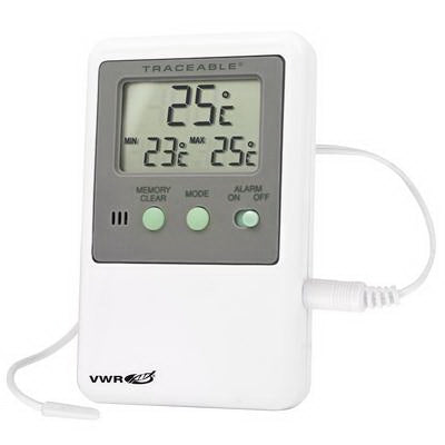 VWR International VWR Traceable Digital Thermometer Fahrenheit / Celsius -58° to 158°F (-50° to 70°C) External Probe Internal Sensor / External Probe Multiple Mounting Options Battery Operated - 61161-336