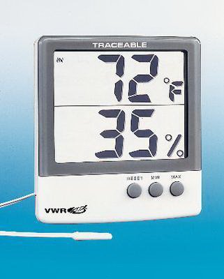 VWR International VWR Digital Thermometer / Hygrometer Fahrenheit / Celsius -58° to 158°F (-50° to 70°C) External Probe Internal Sensor / External Probe Flip-out Stand, Wall Mount Battery Operated - 61161-378