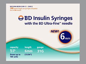 Becton Dickinson Ultra-Fine Insulin Syringe with Needle 1 mL 31 Gauge 15/64 Inch Attached Needle Without Safety - 324912