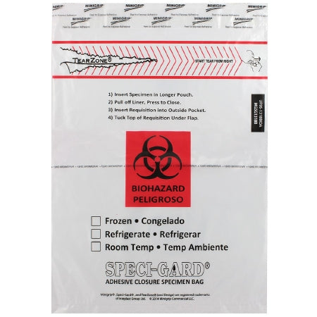 Minigrip Speci-Gard Specimen Transport Bag with Document Pouch 13 X 18 Inch Polyethylene Biohazard Symbol / Storage Instructions / Instructions for Use Adhesive Closure NonSterile - UF95-1318BIOA