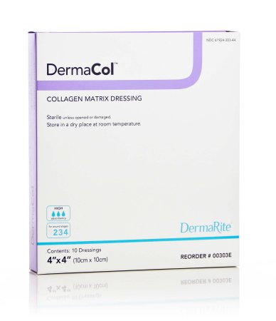DermaRite Industries DermaCol Collagen Dressing Matrix Collagen / Sodium Alginate / Carboxyl Methylcellulose / Ethylenediamine-tetraacetic Acid (EDTA) 4 X 4 Inch 10 per Box - 00303E