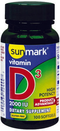 McKesson sunmark Vitamin Supplement 1 Softgel: Vitamin D / Soybean Oil / Gelatin / Glycerin / Corn Oil / Cod Liver Oil / Caramel Color / Cholecalciferol (Vitamin D3) 2000 IU Strength Softgel 100 per Bottle - 1093952444
