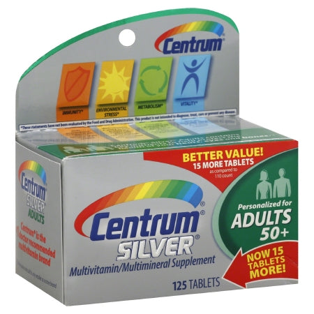 Pfizer Centrum Silver Adults 50+ Multivitamin Supplement Vitamin A / Vitamin D / Ascorbic Acid 2500 IU - 500 mg - 60 mg Strength Tablet 125 per Bottle - 30005446391