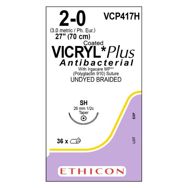 Ethicon Inc,a J & J Company Suture 2-0 Triclosan/Polyglactin 910 Sh Vicryl Plus Undyed 27" Braid 36/Bx - VCP417H