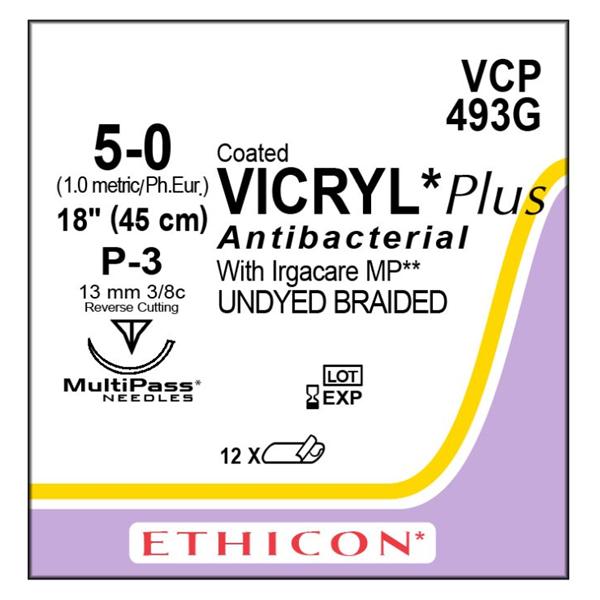 Ethicon Inc,a J & J Company Suture 5-0 Triclosan/Polyglactin 910 P-3 Vicryl Plus Undyed 18" Braid 12/Bx - VCP493G