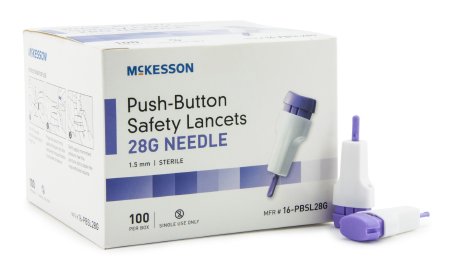 McKesson McKesson Safety Lancet Fixed Depth Lancet Needle 1.5 mm Depth 28 Gauge Push Button Activated - 16-PBSL28G