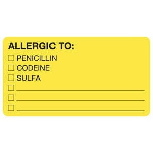 Tabbies Pre-Printed Label Allergy Alert ALLERGIC TO: PENICILLIN/CODEINE/SULFA Fluorescent Chartreuse 1-3/4 X 3-1/4 Inch - AP1550