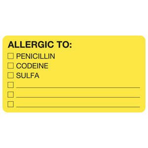 Tabbies - Pre-Printed Label Allergy Alert Chartreuse ALLERGIC TO: PENICILLIN/CODEINE/SULFA Alert Label 1-3/4 X 3-1/4 Inch - MAP1550