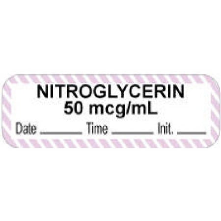 Precision Dynamics Pre-Printed Label Anesthesia Label NITROGLYCERIN 50 mcg/mL/Date___Time___Init.___ Violet / White 1/2 X 1-1/2 Inch - 59726669