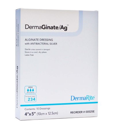 DermaRite Industries DermaGinate/ Ag Calcium Alginate Dressing with Silver 4 X 8 Inch Rectangle Sterile - 00535E