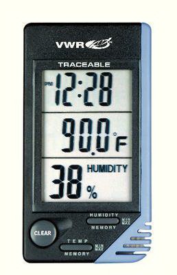 VWR Traceable - Thermometer / Clock / Humidity Monitor Fahrenheit / Celsius 0° to 50°C Internal Sensor Flip-out Stand / Wall Mount Battery Operated - 62344-734