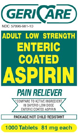 McKesson Geri-Care Pain Relief 81 mg Strength Aspirin Tablet 1,000 per Bottle - 981-10