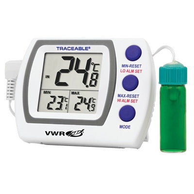 VWR International VWR Traceable Vaccine Plus Refrigerator / Freezer Thermometer Fahrenheit / Celsius -58° to 158°F (-50° to 70°C) Vaccine Bottle Probe Wall / Door Mount Battery Operated - 89094-780