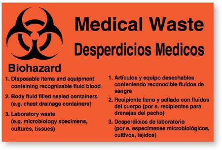 UAL - Pre-Printed Label Warning Label Orange Paper Medical Waste Black Enligsh / Spanish 5-1/4 X 8 Inch - ULPC465