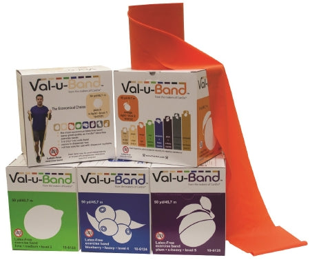 Fabrication Enterprises Val-u-Band Exercise Resistance Band Set Peach / Orange / Lime / Blueberry / Plum 50 Yard X-Light to X-Heavy Resistance - 1544521