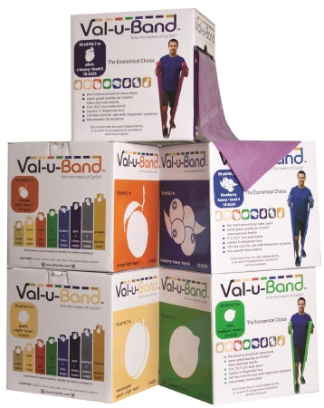 Fabrication Enterprises Val-u-Band Low Powder Exercise Resistance Band Set Peach / Orange / Lime / Blueberry / Plum 50 Yard X-Light to X-Heavy Resistance - 1581045