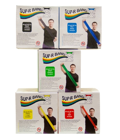 Fabrication Enterprises Sup-R Band Exercise Resistance Band Set Yellow / Red / Green / Blue / Black 50 Yard X-Light to X-Heavy Resistance - 1617569
