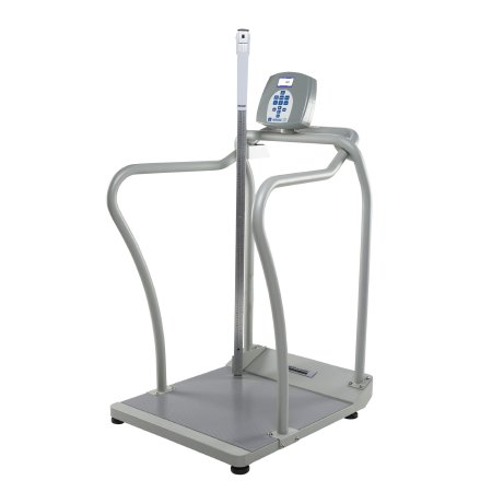 Health O Meter - Floor Scale with Handrail LCD Digital Display 1000 lbs. / 454 kg Capacity Black / Gray AC Adapter / Battery Operated - 2101KLHR
