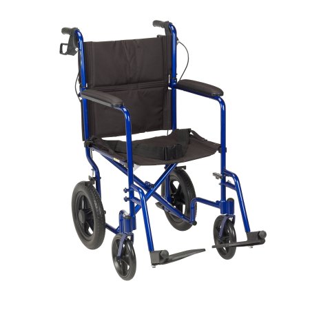 drive Expedition - Transport Wheelchair Aluminum Frame with Blue Finish 300 lbs. Weight Capacity Full Length / Fixed Height / Padded Arm Black Upholstery - EXP19LTBL