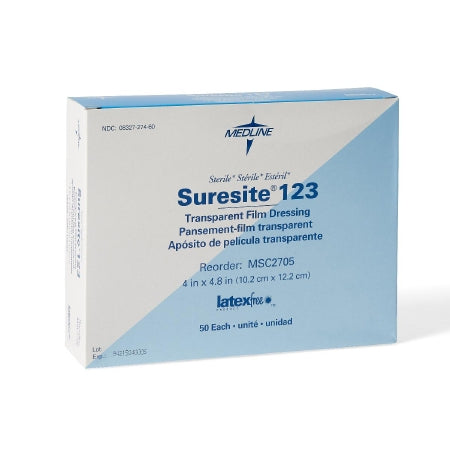 Suresite 123 - Transparent Film Dressing Rectangle 4 X 4-4/5 Inch 3 Tab Delivery Without Label Sterile - Medline - MSC2705