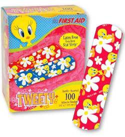 American White Cross Stat Strip - Adhesive Strip 3/4 X 3 Inch Plastic Rectangle Kid Design (Tweety Flowers) Sterile - AB04