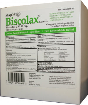 Major Pharmaceuticals Biscolax Laxative Suppository 100 per Box 10 mg Strength Bisacodyl USP - 904505860