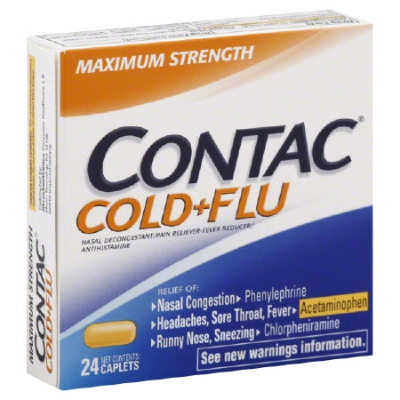Meda Consumer Healthcare Contac Cold & Flu Cold and Cough Relief 500 mg - 2 mg - 5 mg Strength Caplet 24 per Box - 34601702324