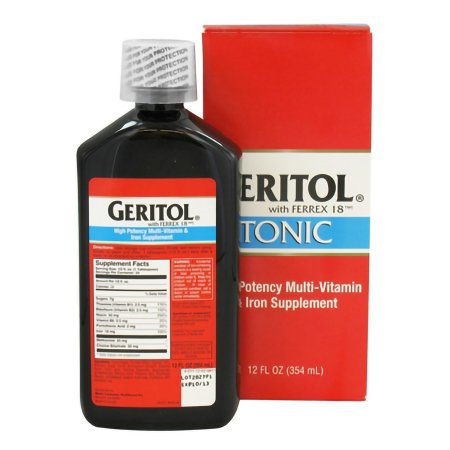 Geritol - Multivitamin Supplement Vitamin B3 / Choline Bitartrate / Iron 50 mg - 50 mg - 18 mg Strength Liquid 12 oz. Unflavored - 46017001112
