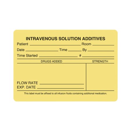 UAL - Pre-Printed Label Advisory Label Yellow Paper IV Solution Additive Patient_Room_Date_ Black Lab / Specimen 2-3/4 X 4 Inch - ULIV502
