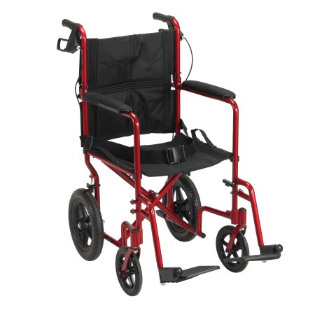 Drive Medical - Lightweight Transport Chair Aluminum Frame with Red Finish 300 lbs. Weight Capacity Fixed Height / Padded Arm Black Upholstery - EXP19LTRD