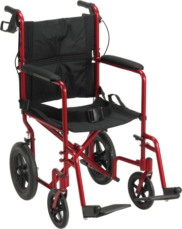 Drive Medical Lightweight Transport Chair Aluminum Frame with Red Finish 300 lbs. Weight Capacity Fixed Height / Padded Arm Black - ATC19-RD