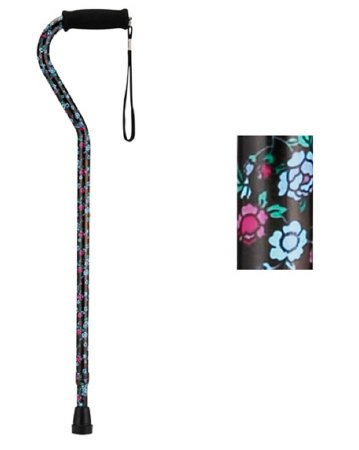 Nova Ortho-Med NOVA Offset Cane Nova Aluminum 30 to 39 Inch Height Black with Flowers Design - 1070BF