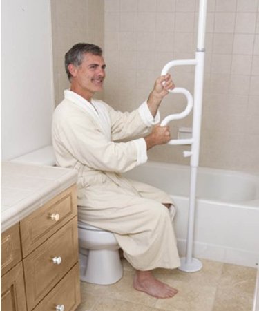 Stander - Security Pole with Curved Grab Bar White Powder-Coated Steel - 1100-W