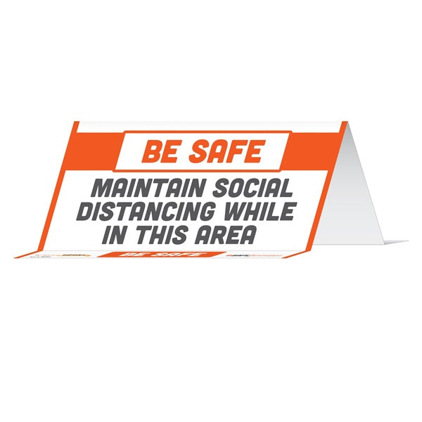 BeSafe Messaging Commercial Table Tents - Orange & White, 8" x 3.875", Pack of 10