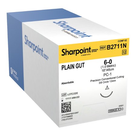 Surgical Specialties - Suture with Needle Absorbable Uncoated Undyed Suture Plain Gut Size 6 - 0 18 Inch Suture 1-Needle 13 mm Length 3/8 Circle Precision Conventional Cutting Needle - B2711N