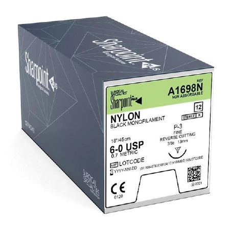 Surgical Specialties - Suture with Needle Nonabsorbable Uncoated Black Suture Monofilament Nylon Size 6 - 0 18 Inch Suture 1-Needle 13 mm Length 3/8 Circle Precision Reverse Cutting Needle - A1698N