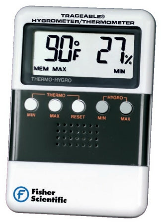 Fisher Scientific Fisherbrand Traceable Digital Thermometer / Hygrometer Fahrenheit / Celsius 32° to 122°F (0° to 52°C) Solid State Sensors Wall Mount Battery Operated - 1166112