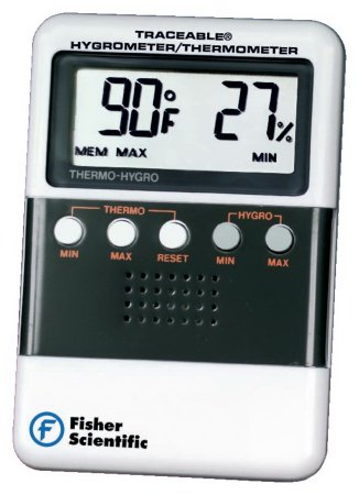 Fisherbrand Traceable - Digital Thermometer / Hygrometer Fahrenheit / Celsius 32° to 122°F (0° to 52°C) Solid State Sensor Wall Mount Battery Operated - 1166112